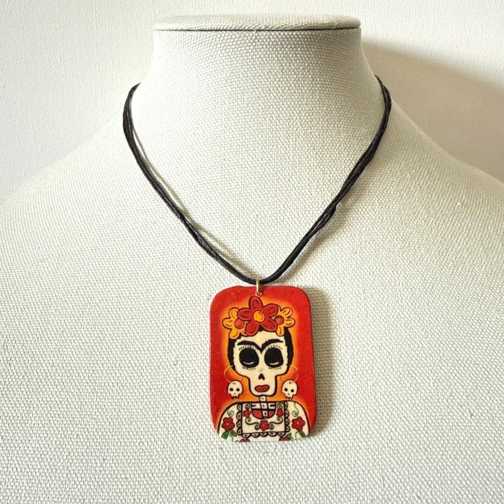 Day of the Dead Frida Kahlo Style Sugar Skull Pendant Necklace Red Wood Cord